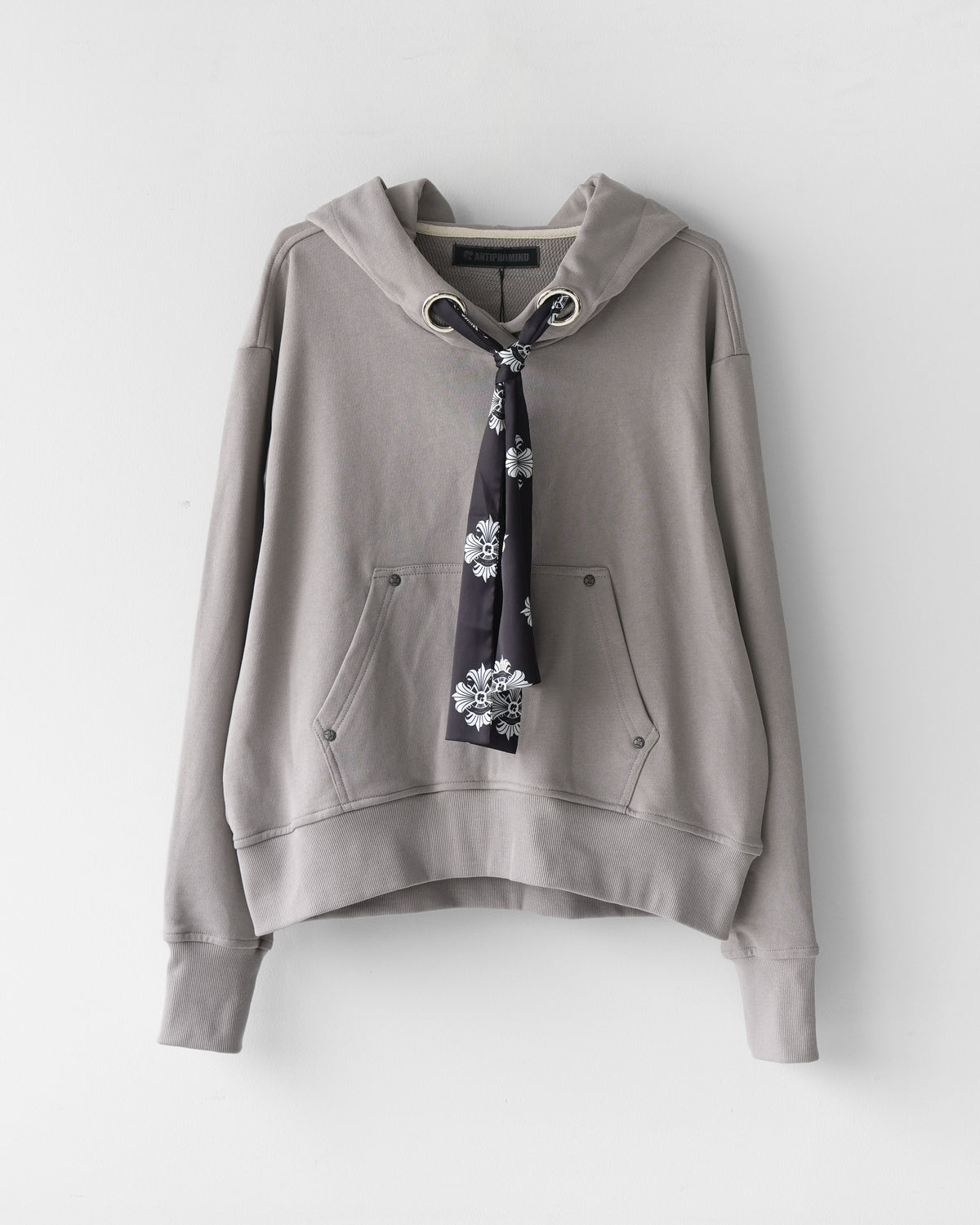Cropped Wide-Fit Logo Print Scarf Hoodie GRY