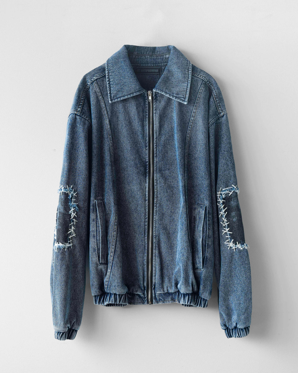 Washed Distressed Panelled Denim Jacket NVY