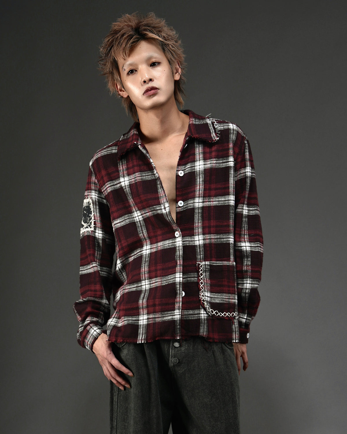 Distressed Handmade Patchwork Check Shirt RED