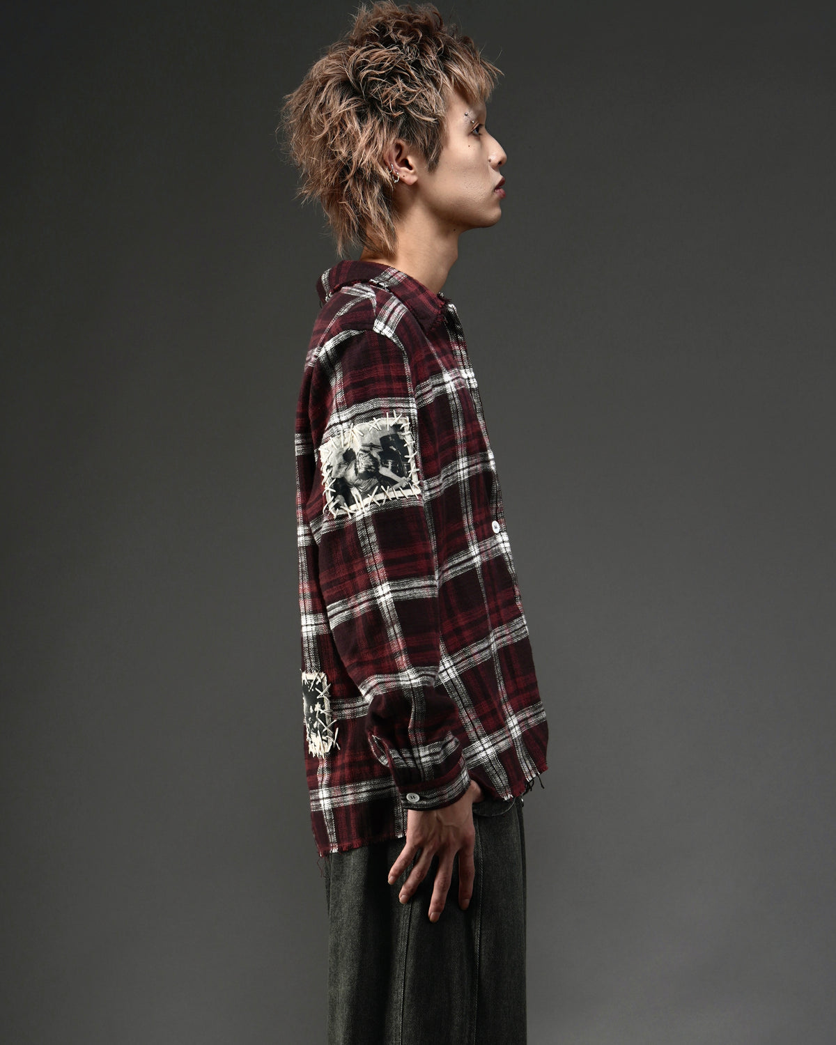 Distressed Handmade Patchwork Check Shirt RED