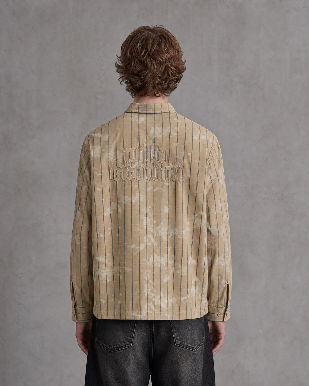 ANTIPROMINDのベージュのストライプ柄ショート丈シャツ。背面にヴィンテージ加工とWIDE GROWTHの刺繍が施されたコットン製長袖シャツ。